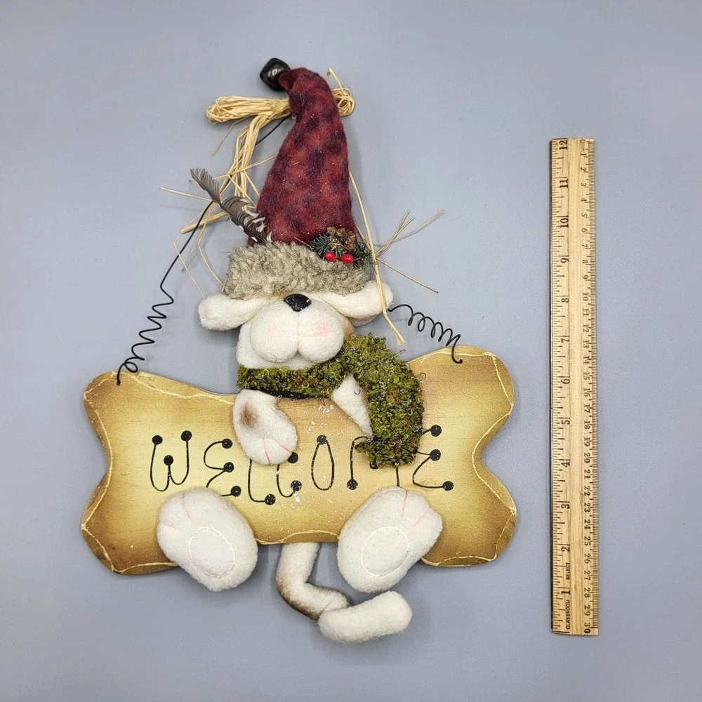 Vintage Puppy Dog Welcome Sign Wooden Wall Door 3D Hanging Plush Wood